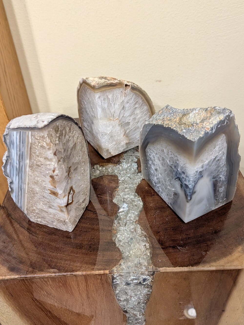 Agate Geode Polished Sections 3pc Set in Natural Shades of Greys & Golds - Picture 2 of 13